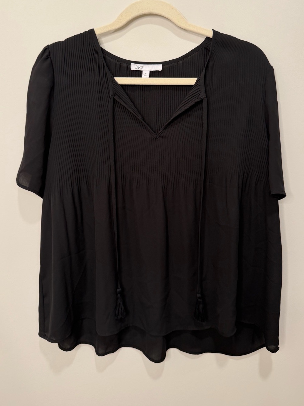 DR2 Black Pleated Chiffon Peasant Blouse Tassel Tie Top Size Small